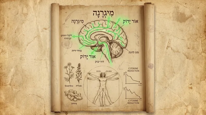 אישה מרגיעה ראש עם אור ירוק ברקע